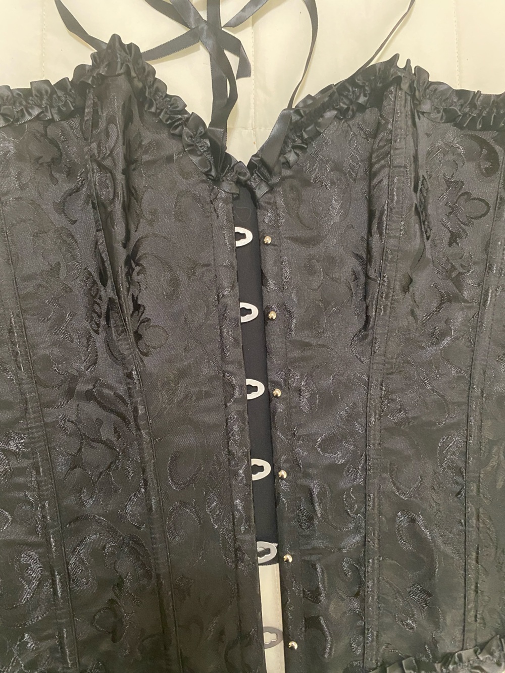 Black Brocade Corset Top with Lace Trim with matching black lace gloves